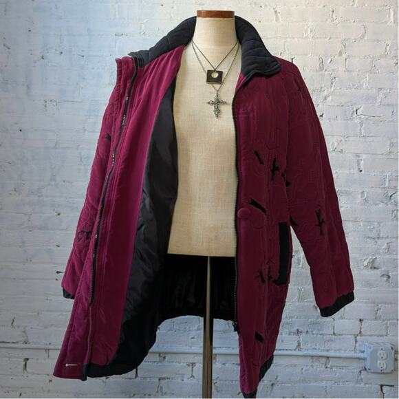 Vintage Purple Silk Jacket Embroidered Quilted Utility Boho Blanket Coat Small - Picture 4 of 9